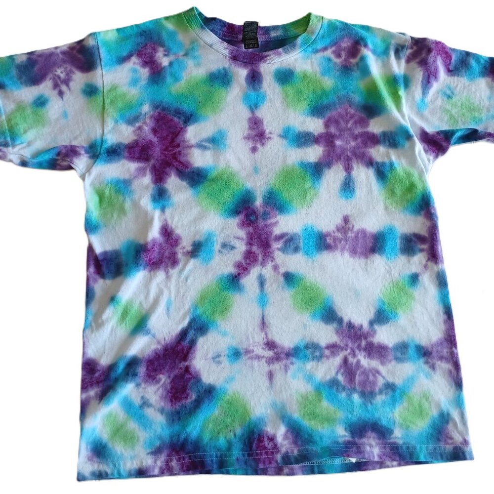Tie Dye T-Shirt with Abstract Pattern in Green Blue Purple Short Sleeved Kids L - Picture 2 of 13